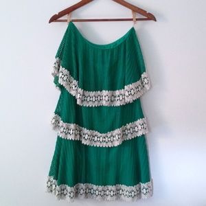 Judith March size L emerald green 3-tier skirt with 3 layers ivory lace trim